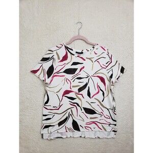 Alfani Women Top Medium White Floral Rayon Blend Knit Short Sleeve Stretch Shirt